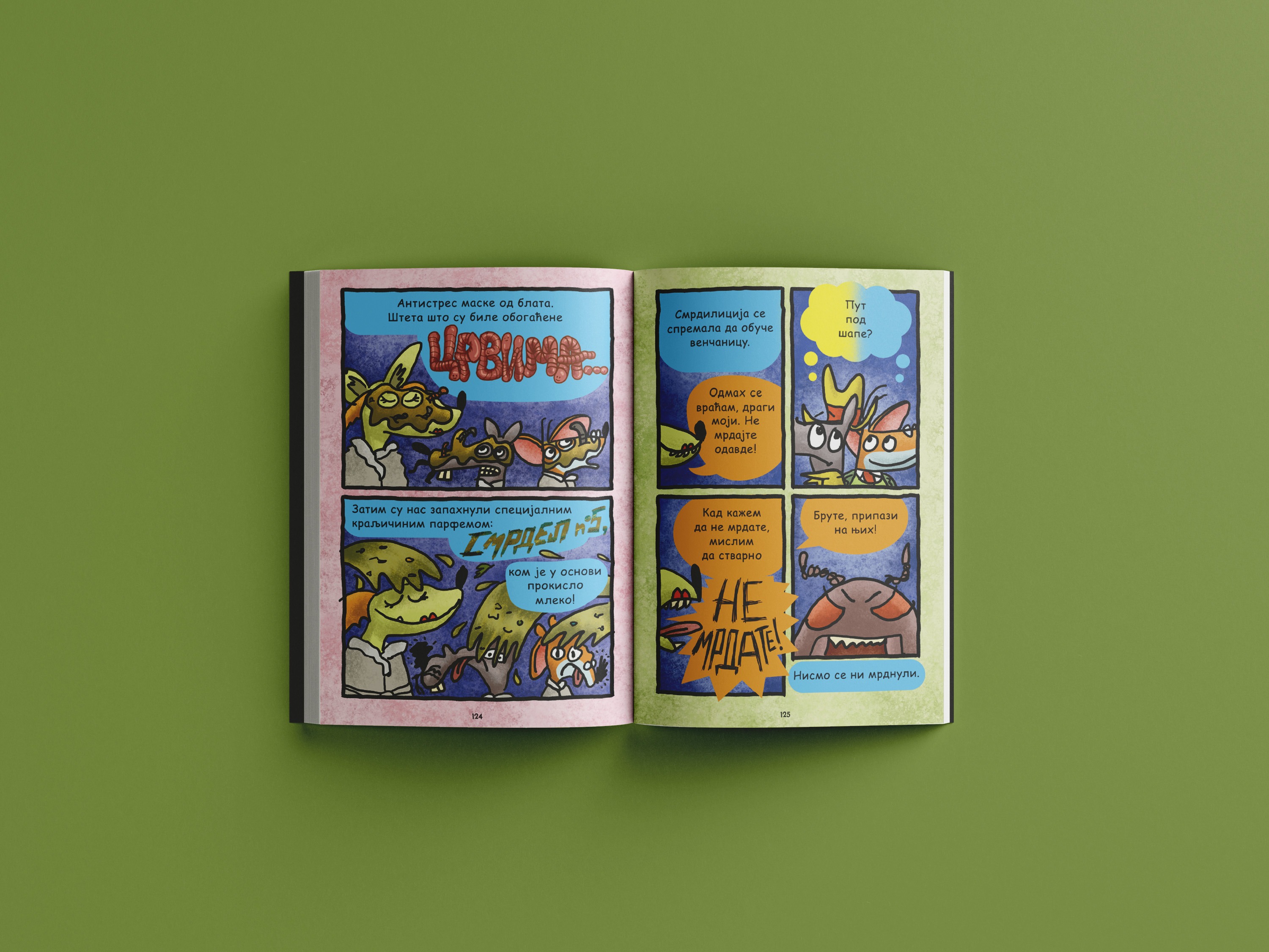 Comic spread with six illustrated panels featuring cartoon creatures and speech bubbles