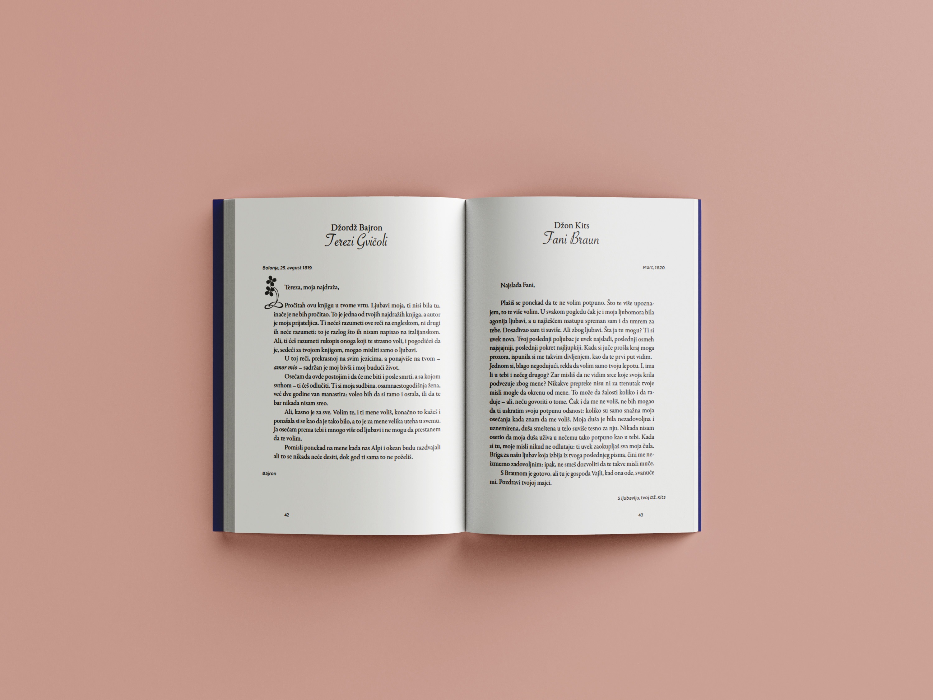 Interior spread with two love letters, decorative drop cap and serif headings