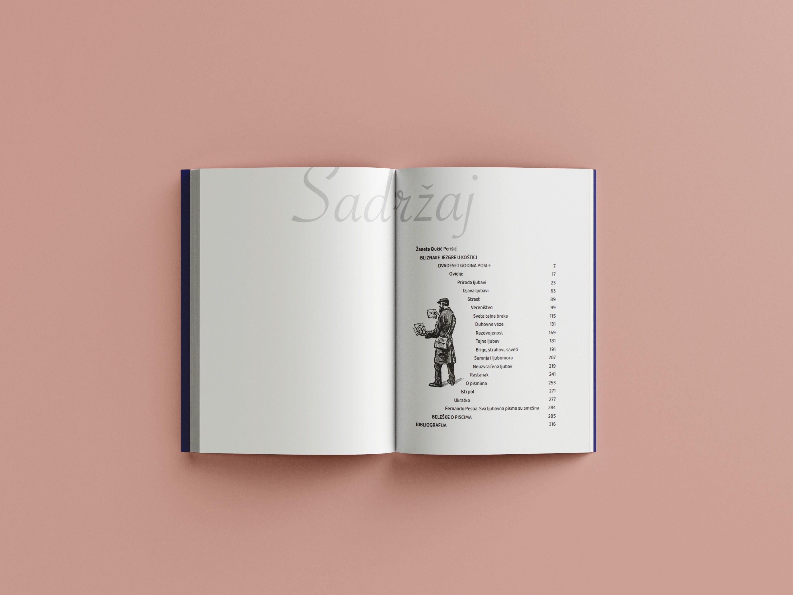 Table of contents with postman illustration and large debossed title lettering