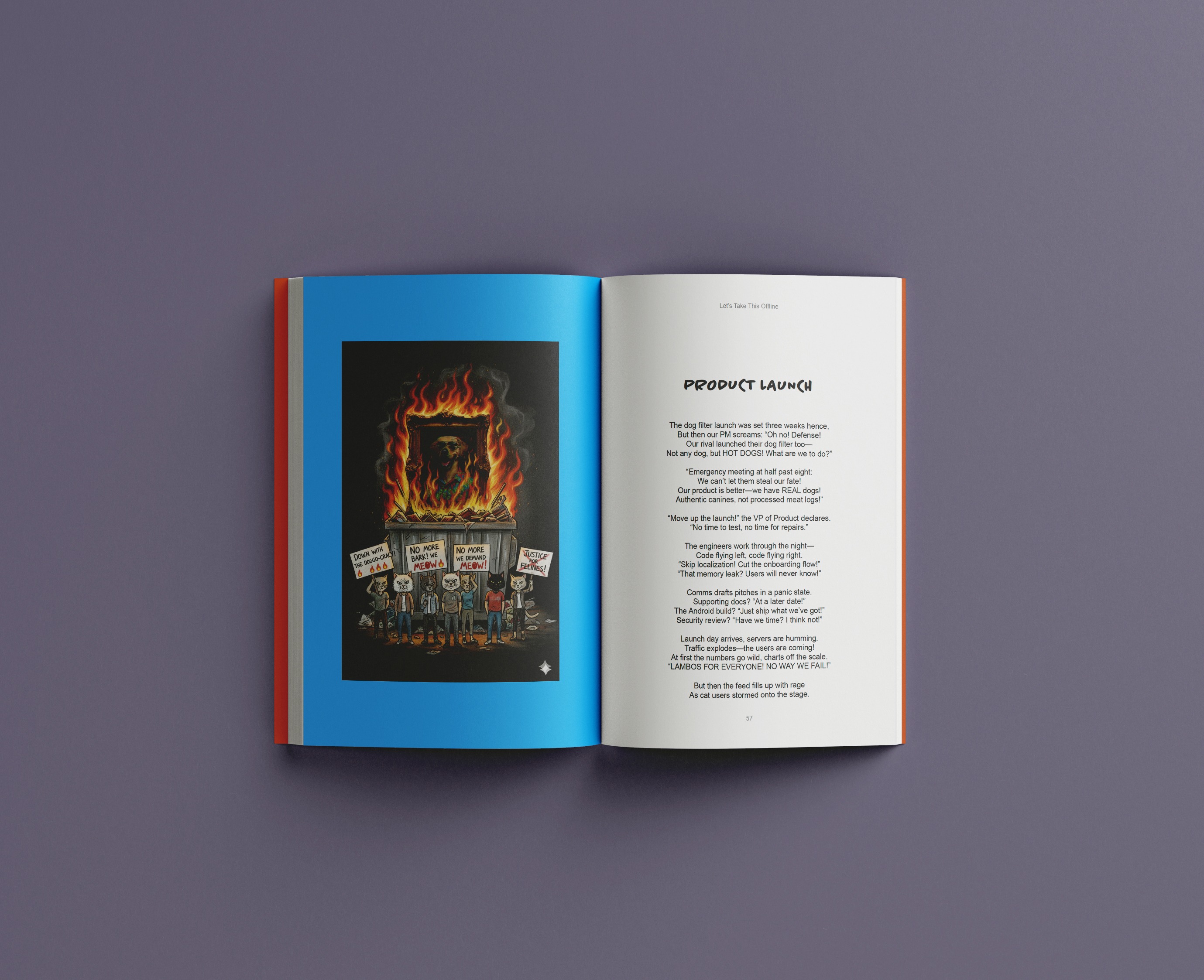 Interior spread with protest cats illustration and satirical poem