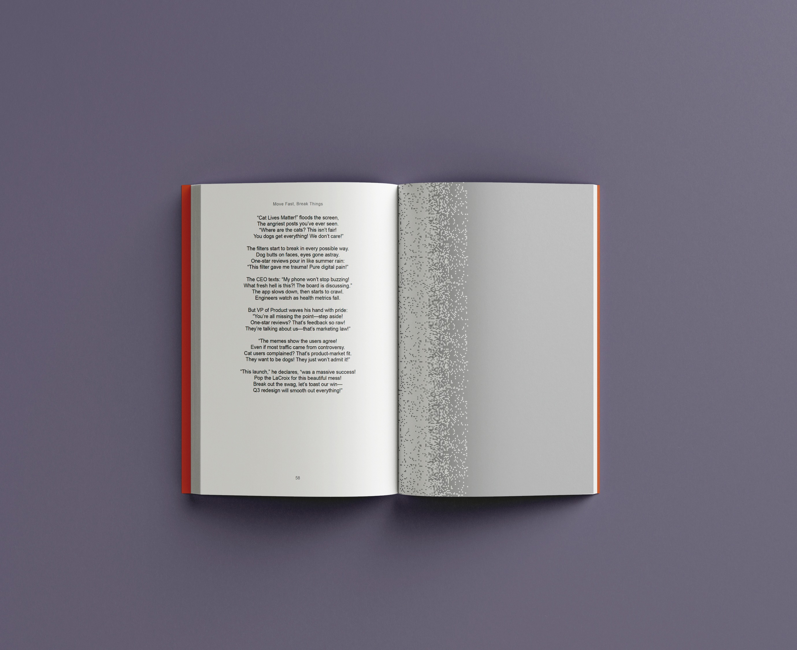 Interior spread with poem text and dissolving dot-pattern graphic