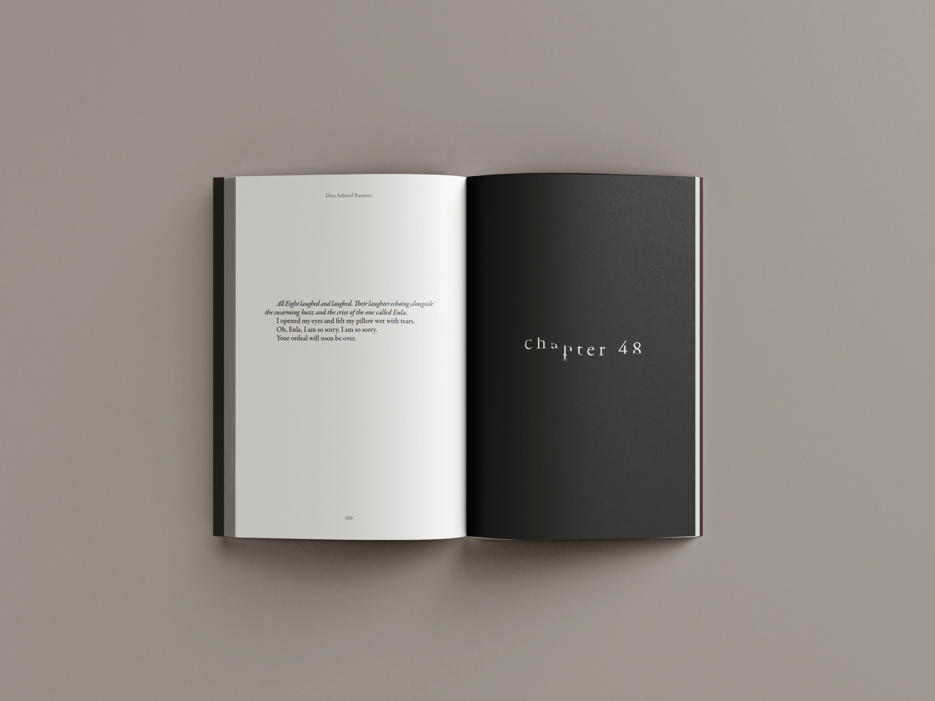 Front cover with glitched female silhouette in warm tones on dark background