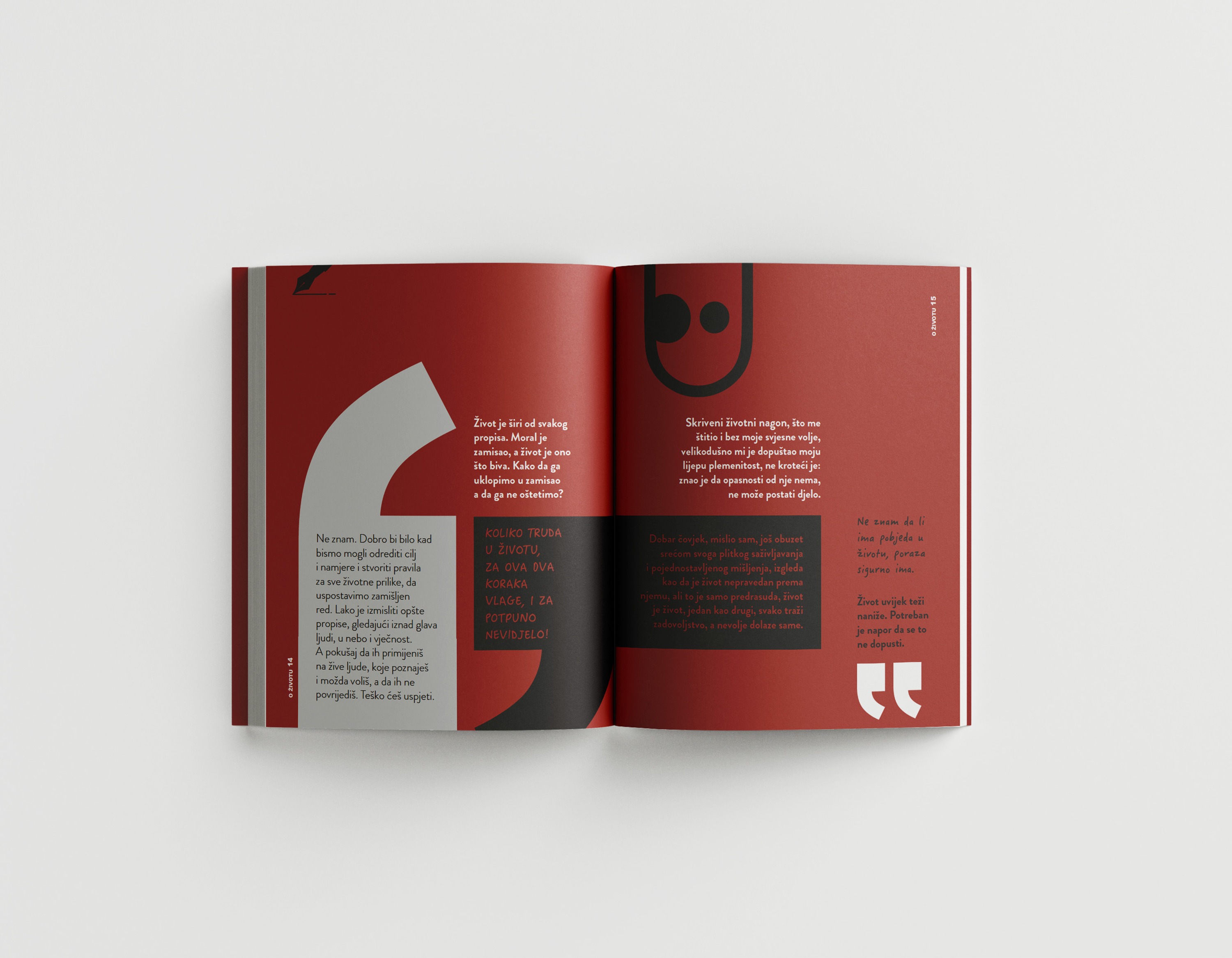 Interior spread with large quotation marks and typographic quotes on red and grey