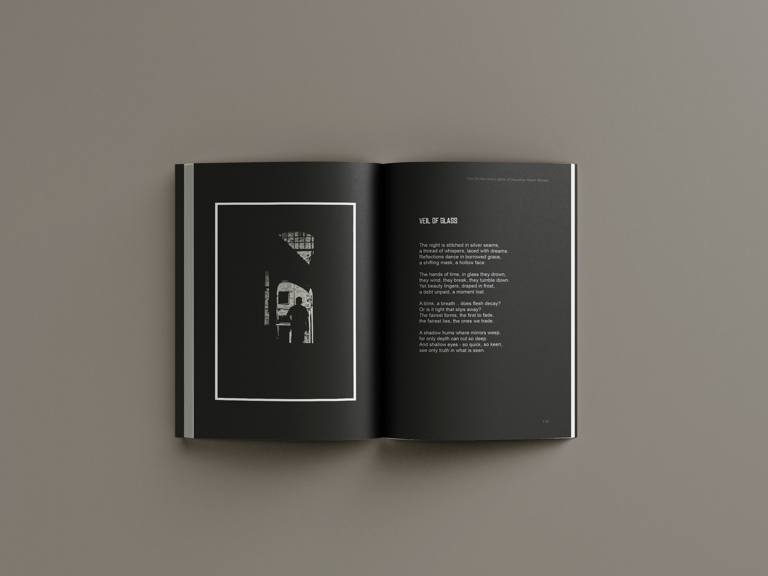 Dark interior spread with silhouette photograph and poem on black page