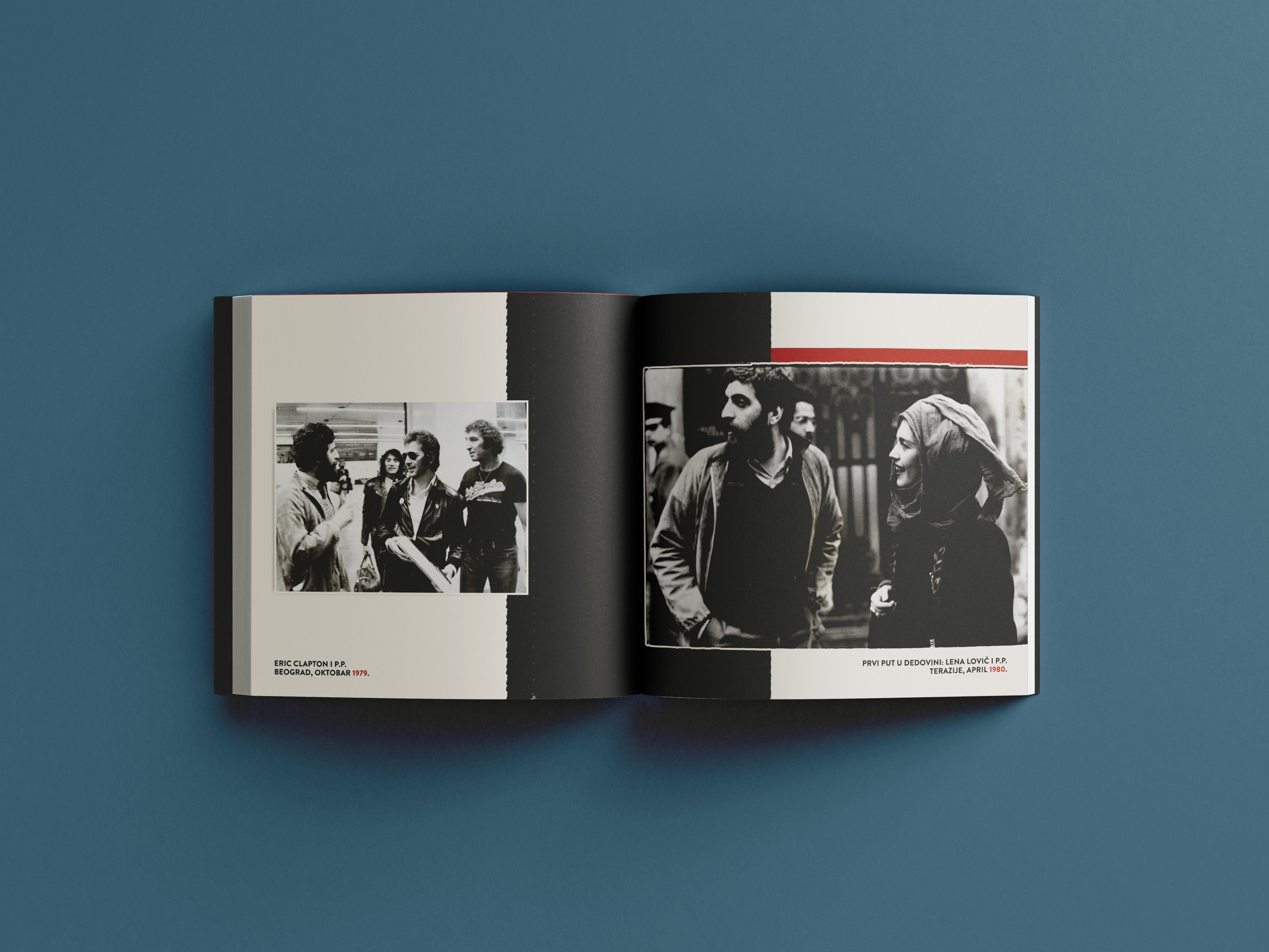 Photo book spread with two black-and-white archival photos and red date captions