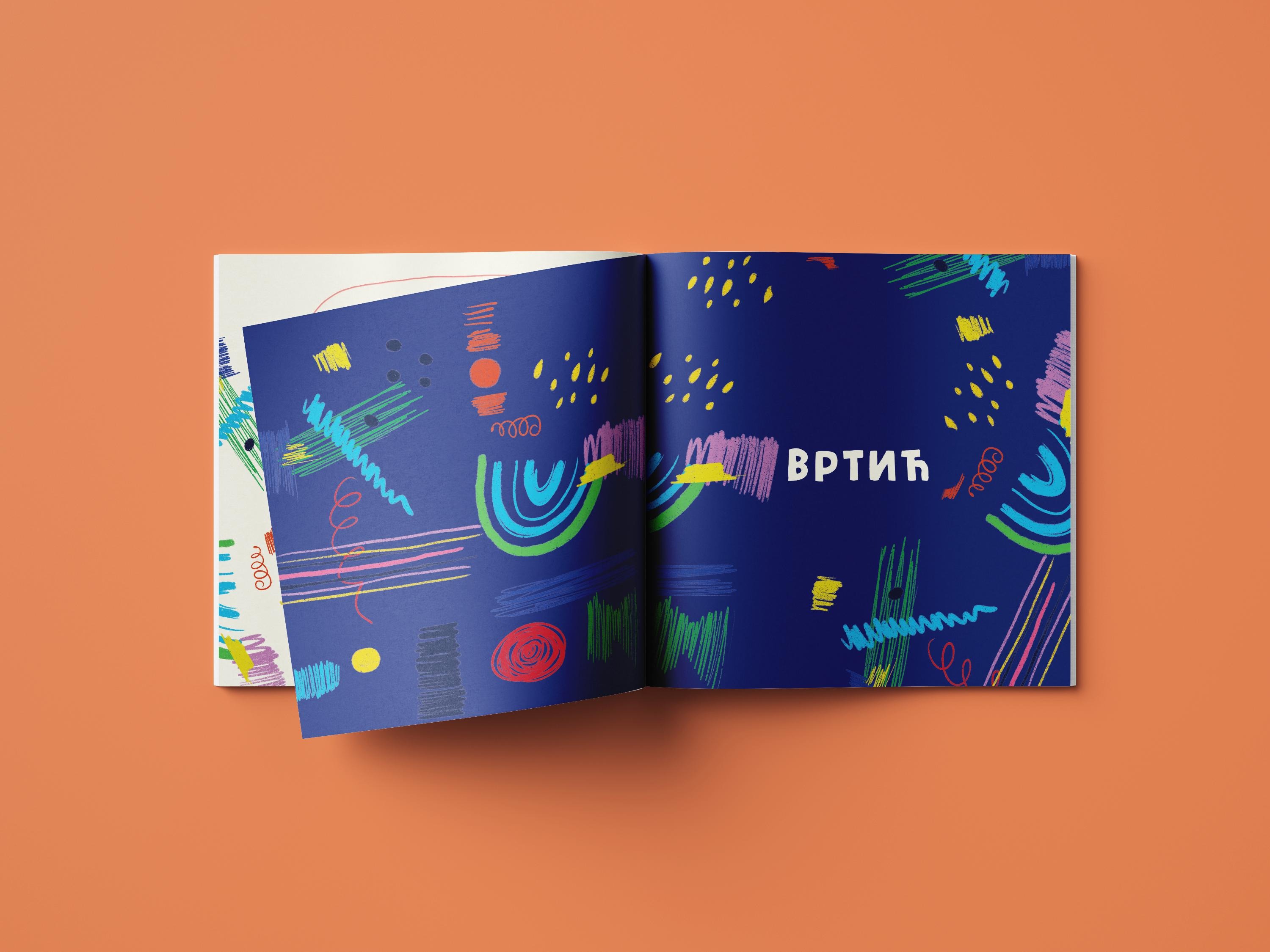 Section divider spread with bold crayon doodles on blue background